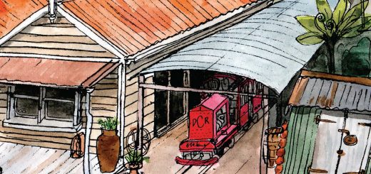 train engine "Elephant" under curved corrugated roof